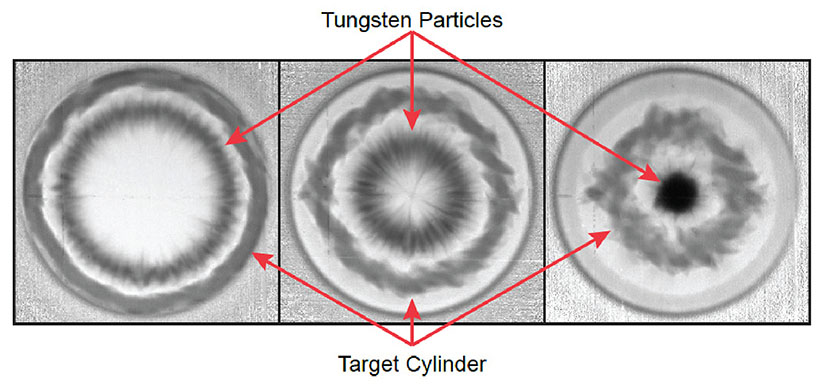 Three of the 21 proton-radiographs