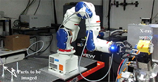 Figure 3. Alignment capability of the robot to align a part’s weld with the detector. The left radiograph shows the weld not aligned; the right radiograph shows the weld aligned with the detector. The intensity transmission plots are displayed below each radiograph. When the weld is not aligned, two peaks are visible, whereas only one peak is visible when the weld is aligned. These transmission histograms can be used to autonomously align the part with the robot. The radiographs were taken using a 225 keV micro-focus x-ray source at TA-8